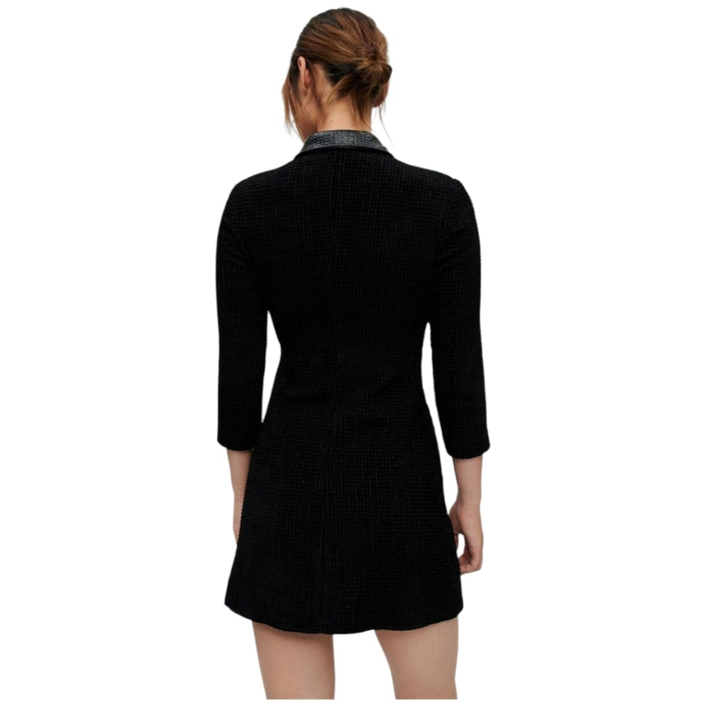 Maje Tweed Black Velvet Rinili Mini Dress Faux Leather Trim Pockets Sz 36 / US 4 - Picture 14 of 15